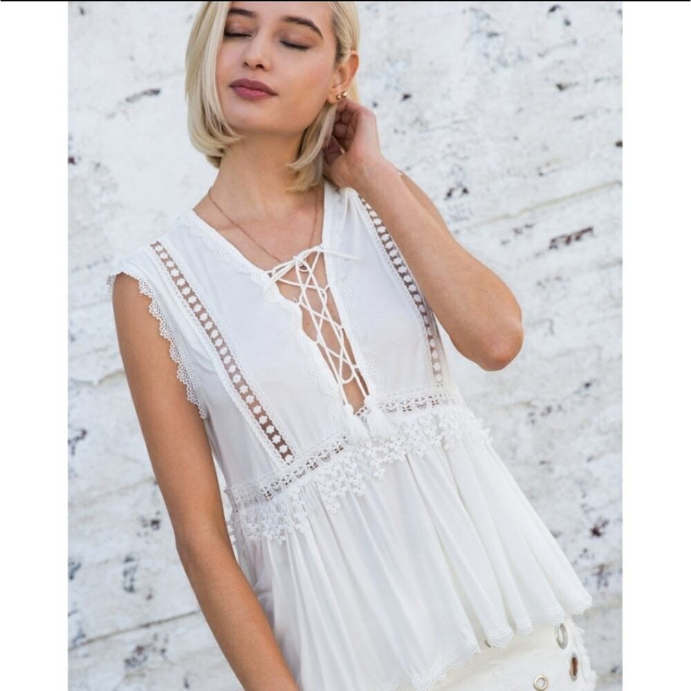 POL lace detailed lace up peplum top white medium